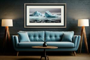 3d render moderno azul sofá com pintura ai generativo foto