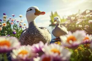 patos dentro colorida Primavera flor campo. gerar ai foto