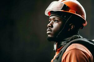 construção capataz africano americano com proteção óculos. gerar ai foto