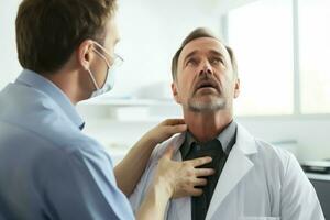 endocrinologista examinando tireoide glândula do paciente. gerar ai foto