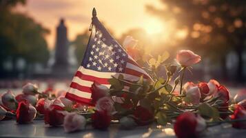 ai generativo. americano bandeira e rosas em uma sepultura às pôr do sol. memorial dia conceito. foto