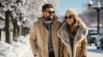 ai generativo. retrato do uma jovem casal dentro inverno roupas foto