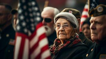 ai generativo. retrato do a idosos mulher em a fundo do a americano bandeira foto