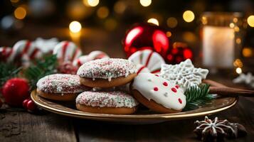 ai generativo. Natal biscoitos em uma prato em uma de madeira fundo foto