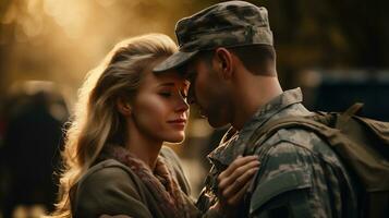 ai generativo. jovem soldado dentro militares uniforme se beijando namorada dentro parque foto