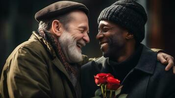 ai generativo. sorridente gay casal com uma ramalhete do vermelho rosas dentro a cidade foto