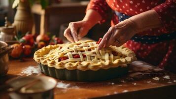 ai generativo. fechar-se do mulher mãos preparando caseiro torta foto