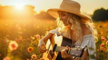 uma jovem menina dentro uma Sol chapéu, jogando uma guitarra no meio uma campo do flores.. generativo ai foto