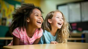 africano americano e caucasiano pequeno meninas tendo Diversão dentro a sala de aula. generativo ai foto