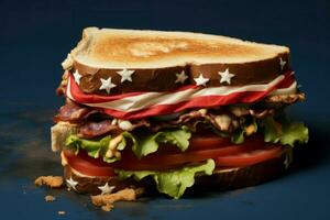 saboroso sanduíche em americano bandeira com estrelas. gerar ai foto