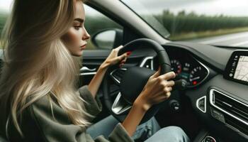 fechar-se do uma jovem caucasiano mulher com Loiras cabelo, focado em a estrada, mãos emocionante a direção roda do uma moderno carro.. generativo ai foto
