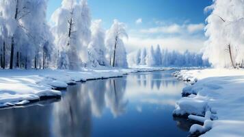 ai generativo. lindo inverno panorama com neve coberto árvores foto