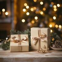 ai generativo. presente caixas em uma de madeira mesa dentro frente do uma Natal árvore foto