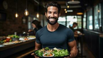 ai generativo. retrato do bonito jovem homem comendo salada dentro restaurante foto
