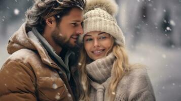 ai generativo. retrato do uma jovem casal dentro inverno roupas foto