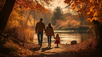 ai generativo. feliz família caminhando dentro outono parque foto