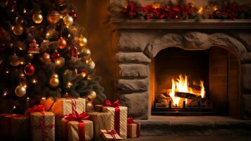 ai generativo. Natal árvore com apresenta dentro frente do lareira às lar. feriado conceito. foto