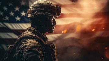 ai generativo. retrato do soldado contra do americano bandeira foto