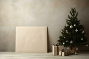 ai generativo. zombar acima Natal árvore e presente caixas em de madeira chão foto