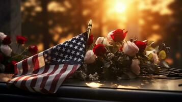 ai generativo. americano bandeira e rosas em uma sepultura às pôr do sol. memorial dia conceito. foto