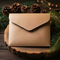 ai generativo. envelope com Natal decoração em de madeira fundo, fechar-se foto