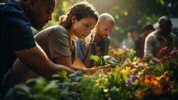 ai generativo. grupo do pessoas plantio mudas dentro a jardim em uma ensolarado dia foto