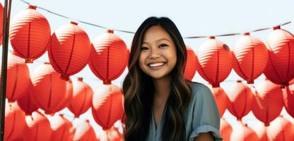 jovem ásia mulher sorridente debaixo celebração balões dentro China. generativo ai foto