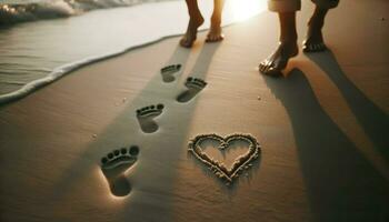 dois pegadas lado de lado em uma praia, uma coração desenhado dentro a areia. generativo ai foto