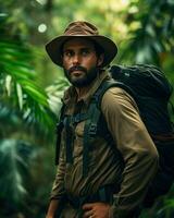 uma homem dentro a meio do uma deserta e verde natureza. generativo ai foto