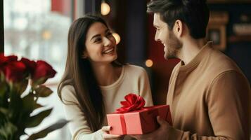 uma homem dando uma presente para dele namorada em dia dos namorados dia. generativo ai foto