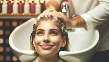 relaxado jovem mulher obtendo dela cabelo lavado às uma salão.. generativo ai foto