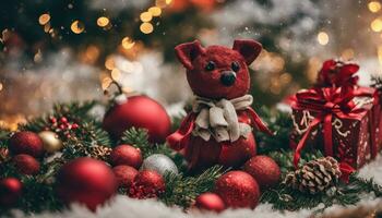 Natal decoração com queimando velas, Pão de gengibre casa, Natal árvore e bokeh fundo. foto