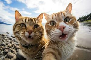 dois engraçado gatos levar uma selfie em a de praia. humor. criada usando artificial inteligência. foto