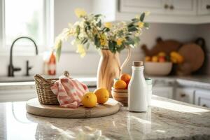 moderno cozinha com mármore contador e legumes e frutas em a mesa , saudável estilo de vida , gerar ai foto