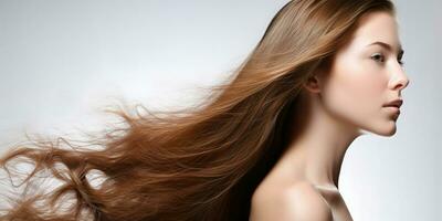 retrato do uma jovem lindo mulher modelo com cabelo posando oscilante cabeça a partir de lado para lado , gerar ai foto