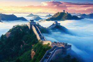 a ótimo parede do China às nascer do sol, panorâmico visualizar, a ótimo parede do China dentro a névoa , deitado longo, surrealista Visão a partir de zangão fotografia, 8k , ai gerado foto
