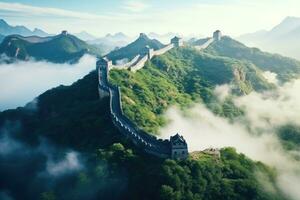 majestoso ótimo parede do China sobre a enevoado manhã paisagem, a ótimo parede do China dentro a névoa , deitado longo, surrealista Visão a partir de zangão fotografia, 8k , ai gerado foto