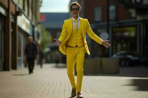 homem com amarelo terno andar alegre ai generativo foto