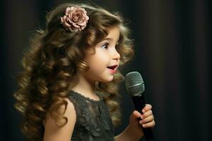 artístico pequeno menina com microfone festa música. gerar ai foto