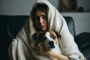 mulher frio cobertor com cachorro dentro sala. gerar ai foto