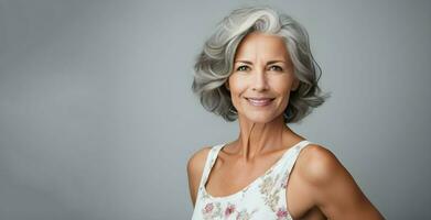 retrato do uma linda decada de 50 meio era mulher com cinzento cabelo sorridente, cópia de espaço. ai generativo foto