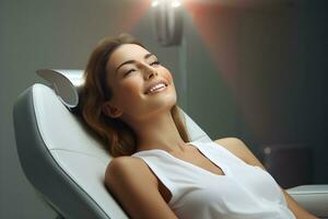 uma mulher sentado dentro uma dental cadeira sorridente. generativo ai foto