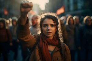 mulher segurando acima punho dentro protesto. ai generativo foto