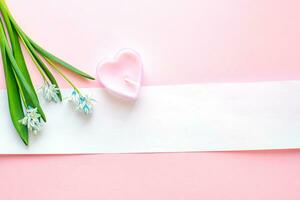 uma ramalhete do Primavera flores em uma Rosa fundo com uma branco faixa para texto. 8 marchar, mãe dia, st. namorados Primavera fundo. cópia de espaço. brincar. foto