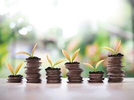 plantas crescendo acima em pilha do moedas. a conceito do salvando dinheiro, financeiro, investimento e o negócio crescente. foto