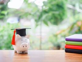 porquinho banco com graduação chapéu e capa dura livro, cópia de espaço para texto, costas para escola, Educação conceito foto