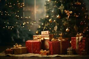 alegre Natal árvore com presentes e enfeites ai generativo foto