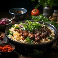 crocantes carne de porco Macarrão e vermelho carne de porco e carne Macarrão gerar ai foto