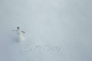 minúsculo boneco de neve dentro neve. cópia de espaço. texto inverno dentro neve foto