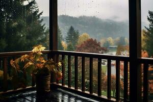 outono folhas em a sacada com chuva gotas e nebuloso panorama. ai generativo. foto